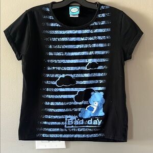 2007 Care Bears Black Tee with Blue Stripes and Bear Design